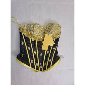 Savoy's Embellished Coquette Corset Top Sz 4 Black Yellow Bling Bumblebee
